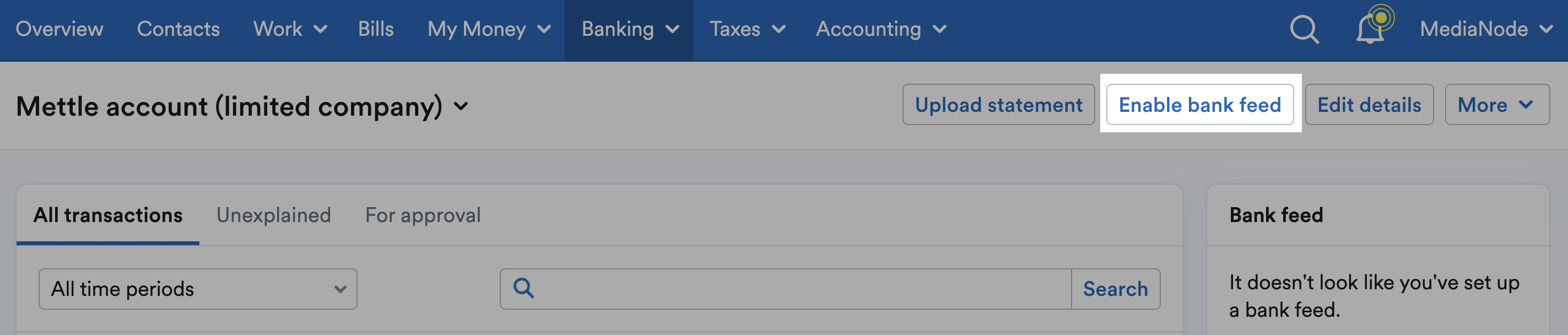 Enable bank feed button highlighted in top-right