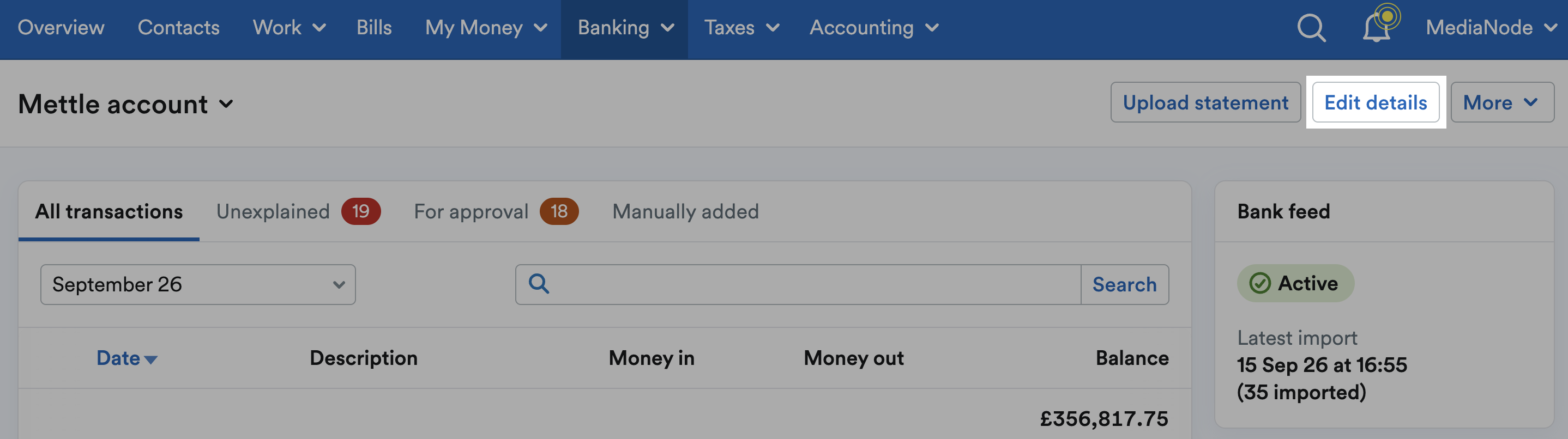 Edit details button highlighted in top-right of bank account page