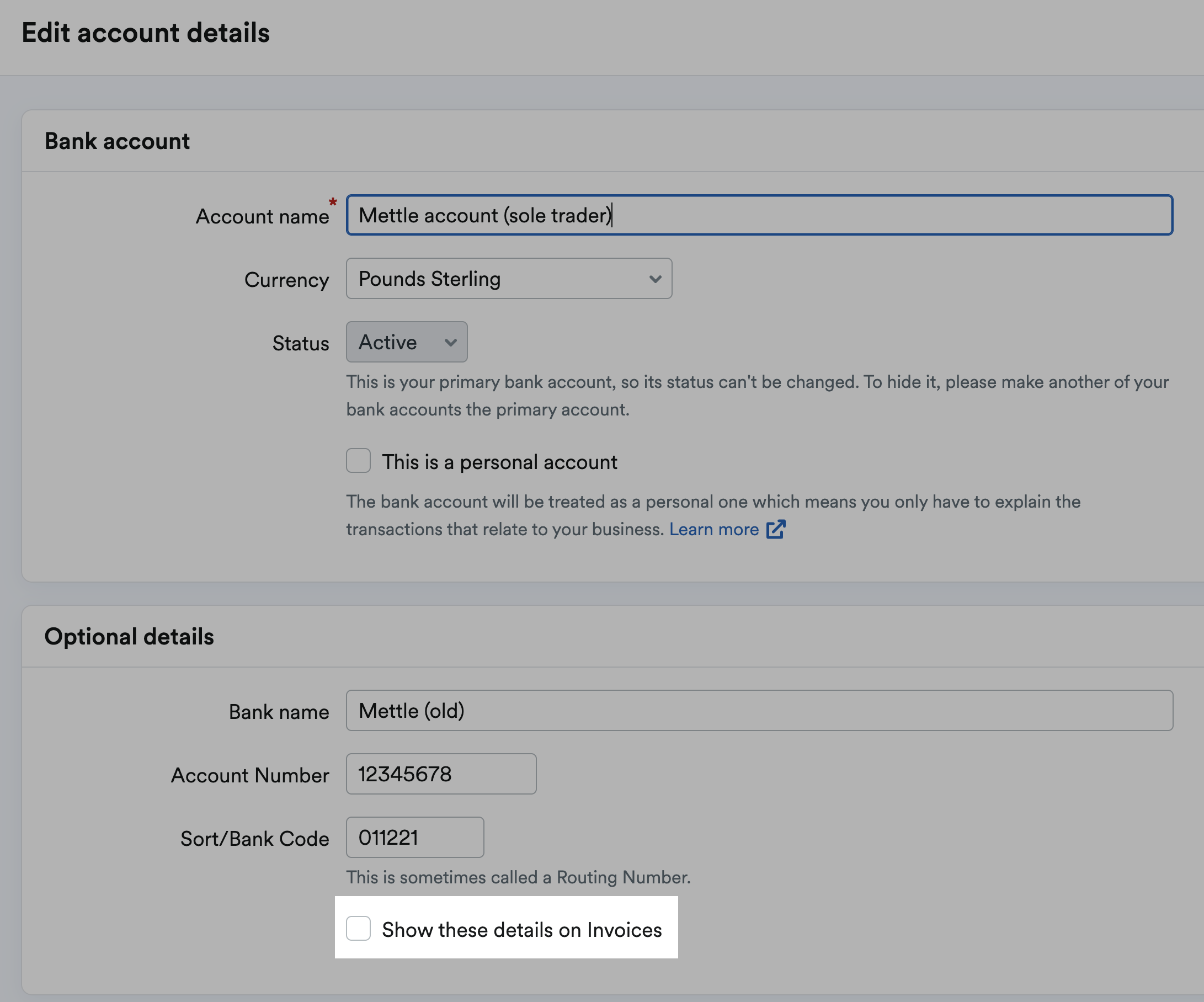 Box for showing bank details on invoices highlighted and unticked