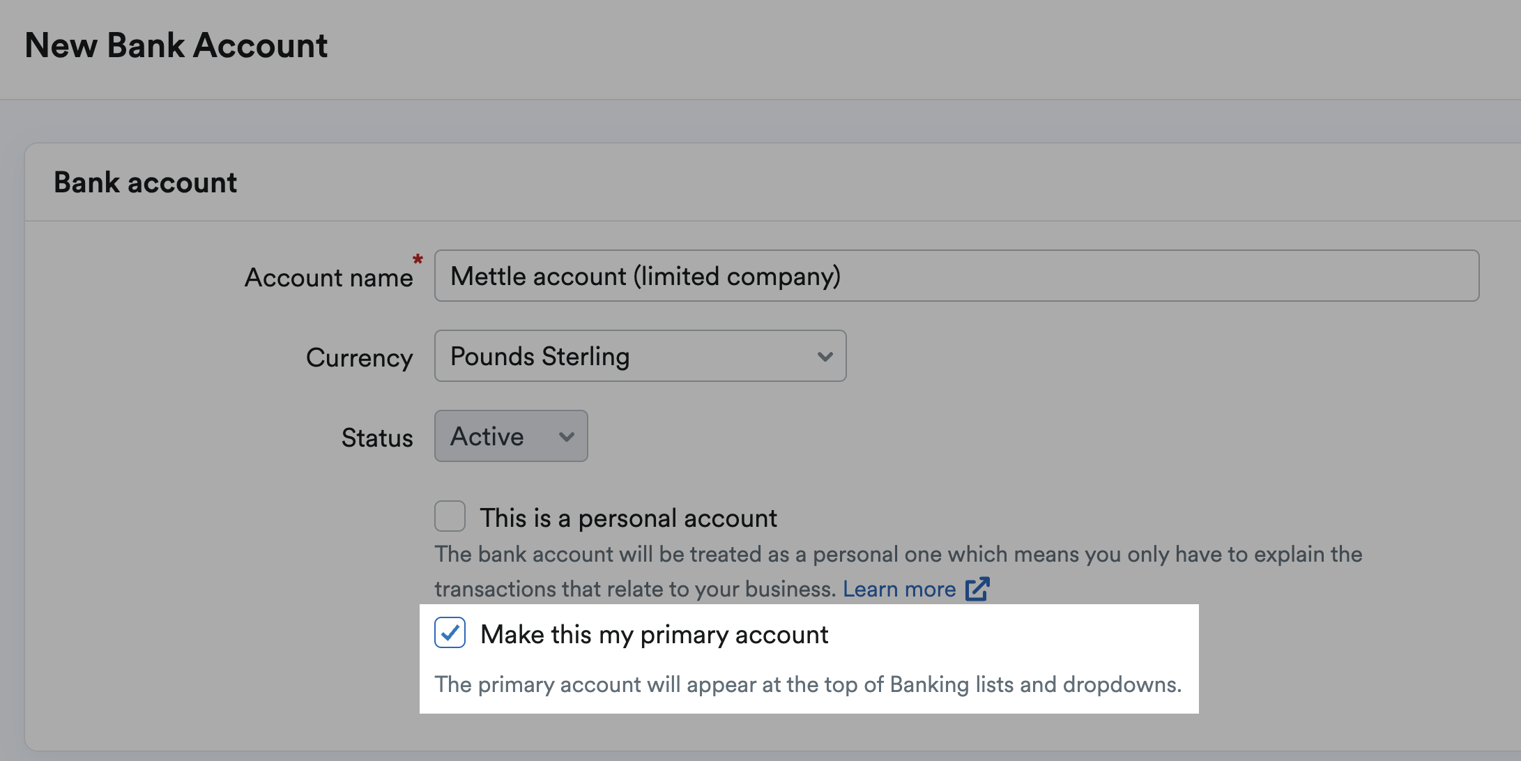 Box for making the bank account the primary bank account in FreeAgent ticked and highlighted