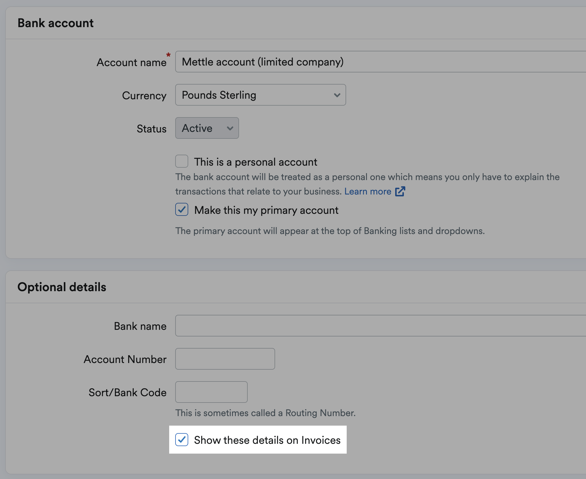Box for showing bank details on invoices highlighted and ticked