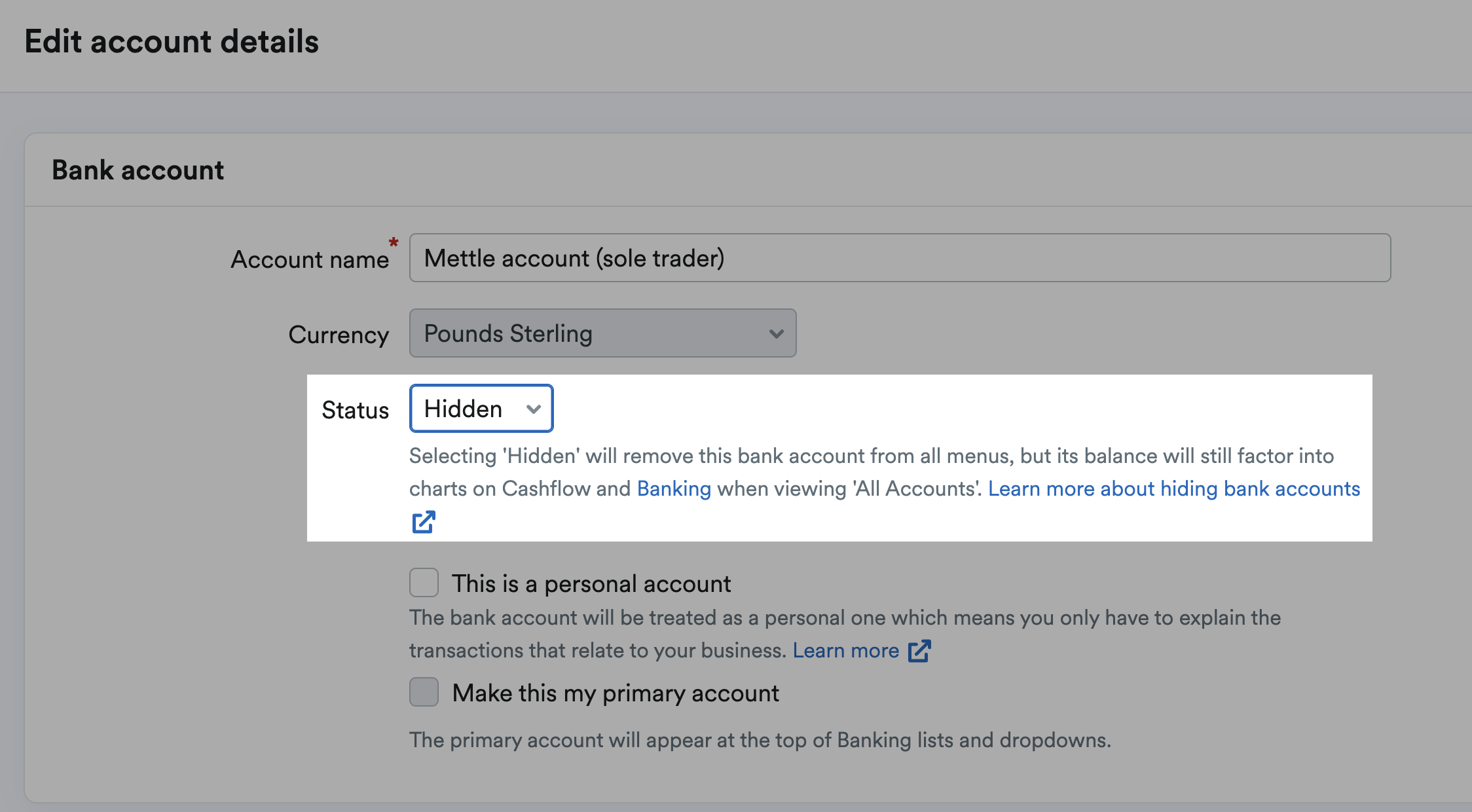 Bank account status selected as Hidden and highlighted