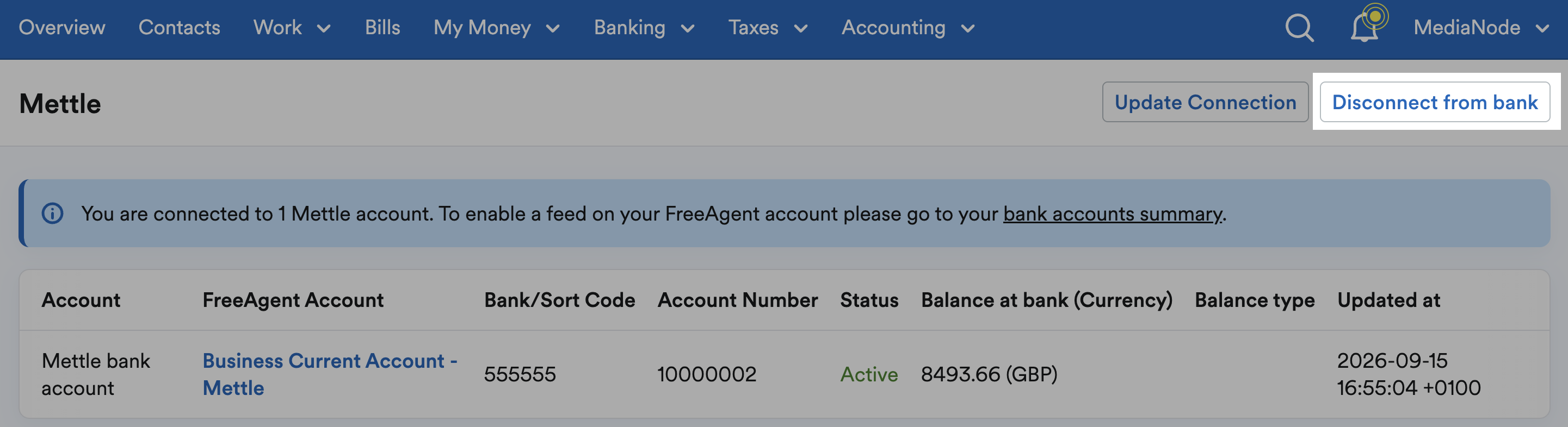 Disconnect from bank button highlighted in top-right
