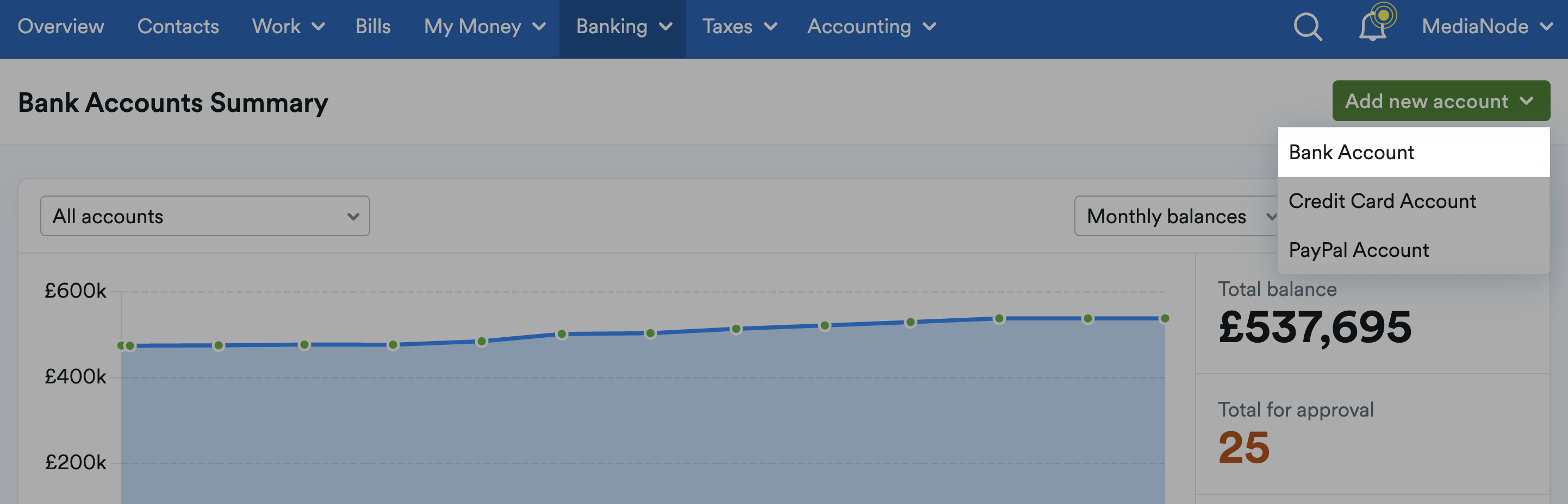 Bank Account highlighted from Add new account menu on Bank Accounts Summary page