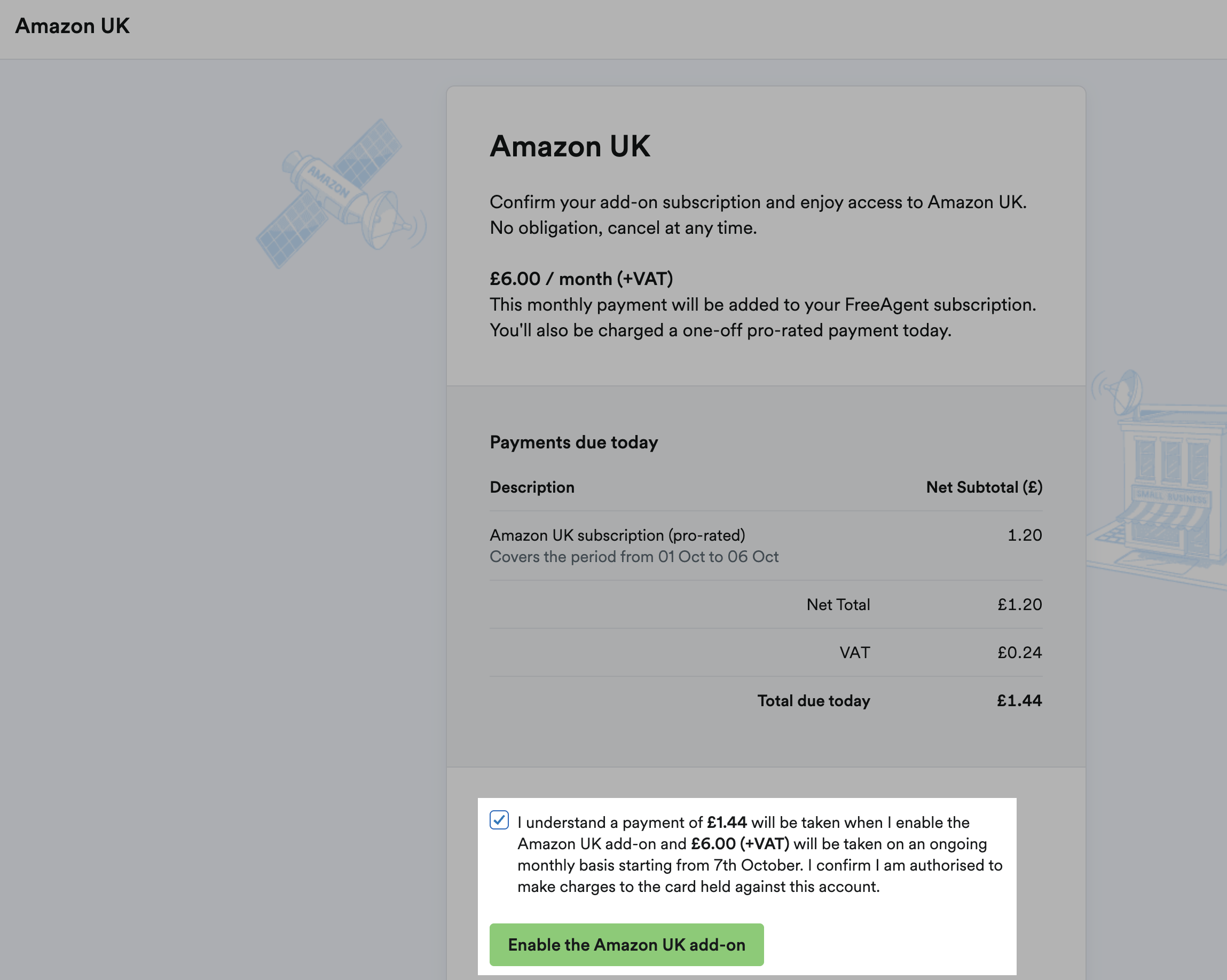Box ticked to confirm payment will be taken and enable add-on button highlighted