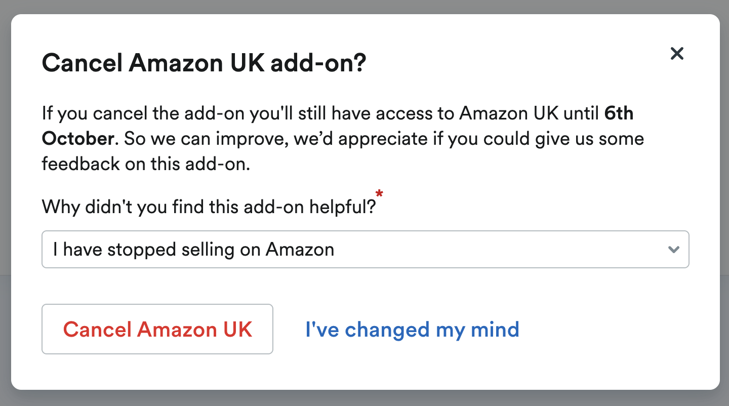 Modal asking for reason for cancelling Amazon