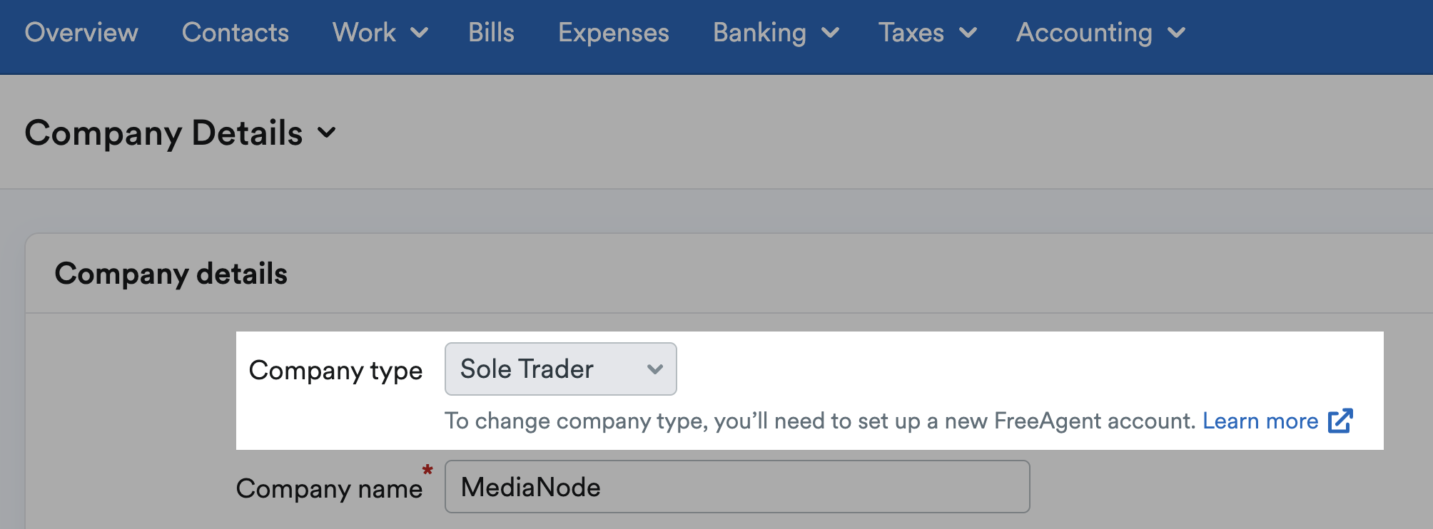 Company type highlighted in Company Details settings