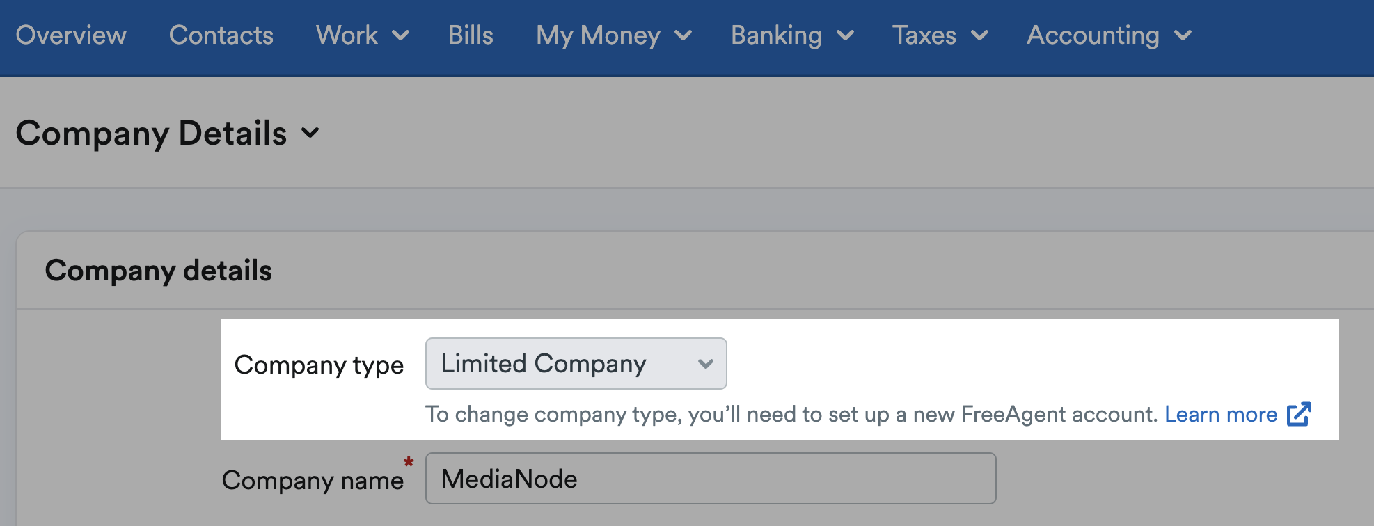 Company type highlighted in Company Details settings