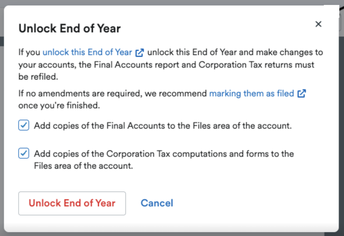 modal asking you to confirm you want to unlock the end of year reports and options to save copies to the Files area