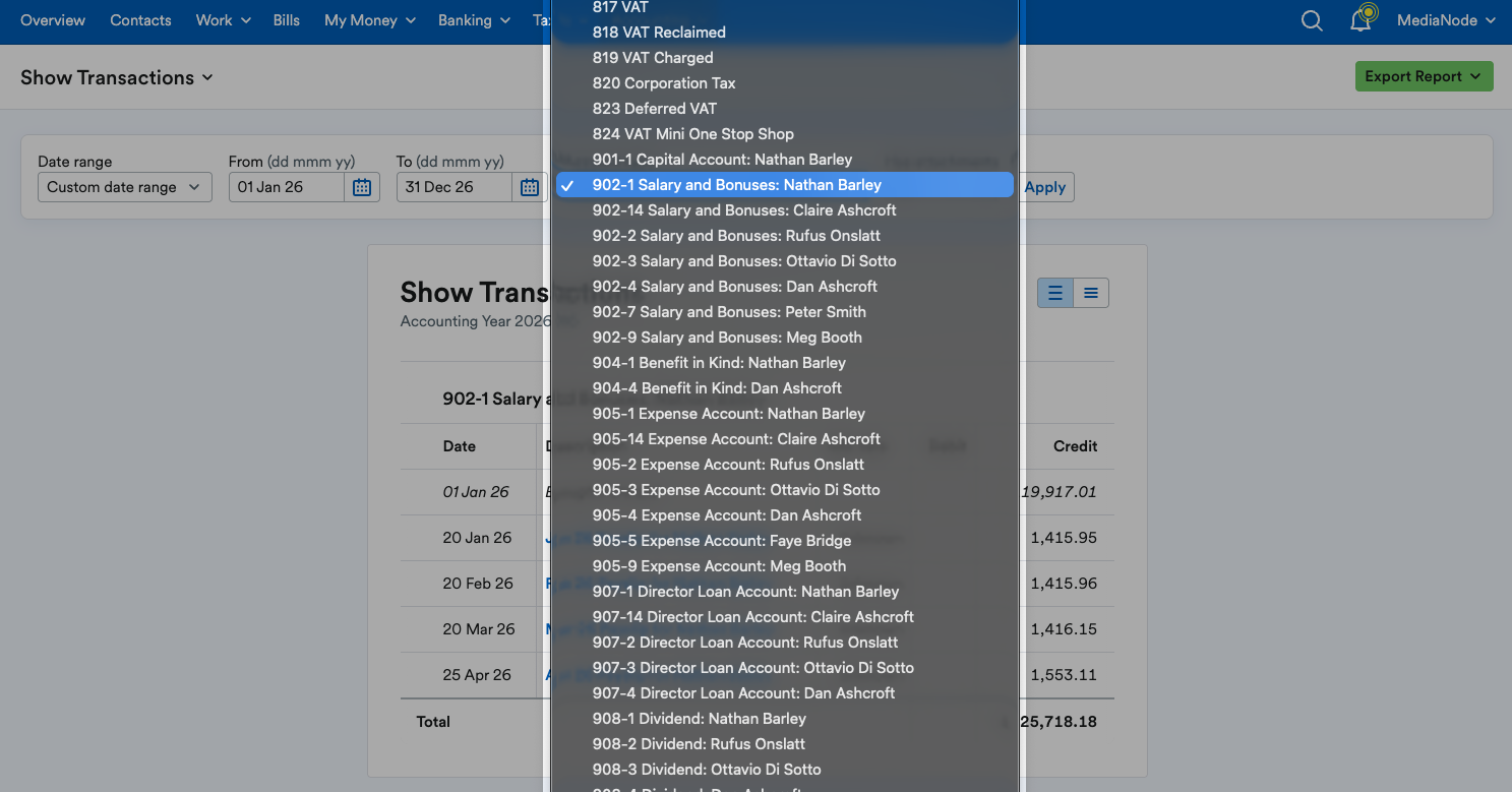 Accounts listed in drop down menu.