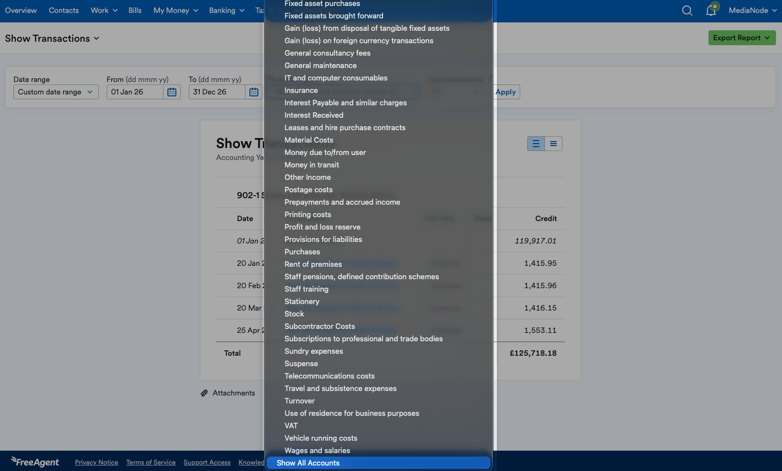 'Show All Accounts' highlighted at bottom of drop down menu.