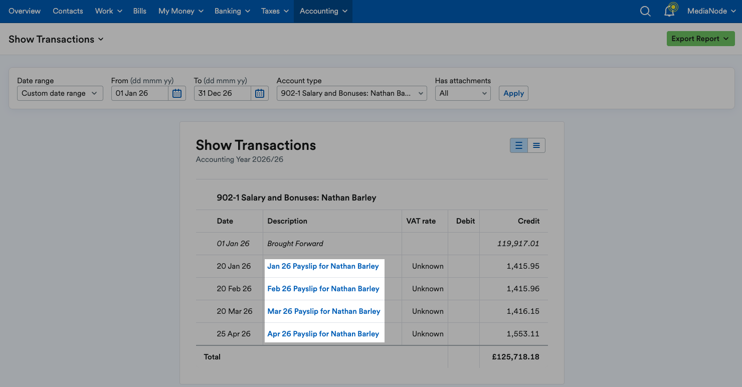Transactions highlighted on Show Transactions report.