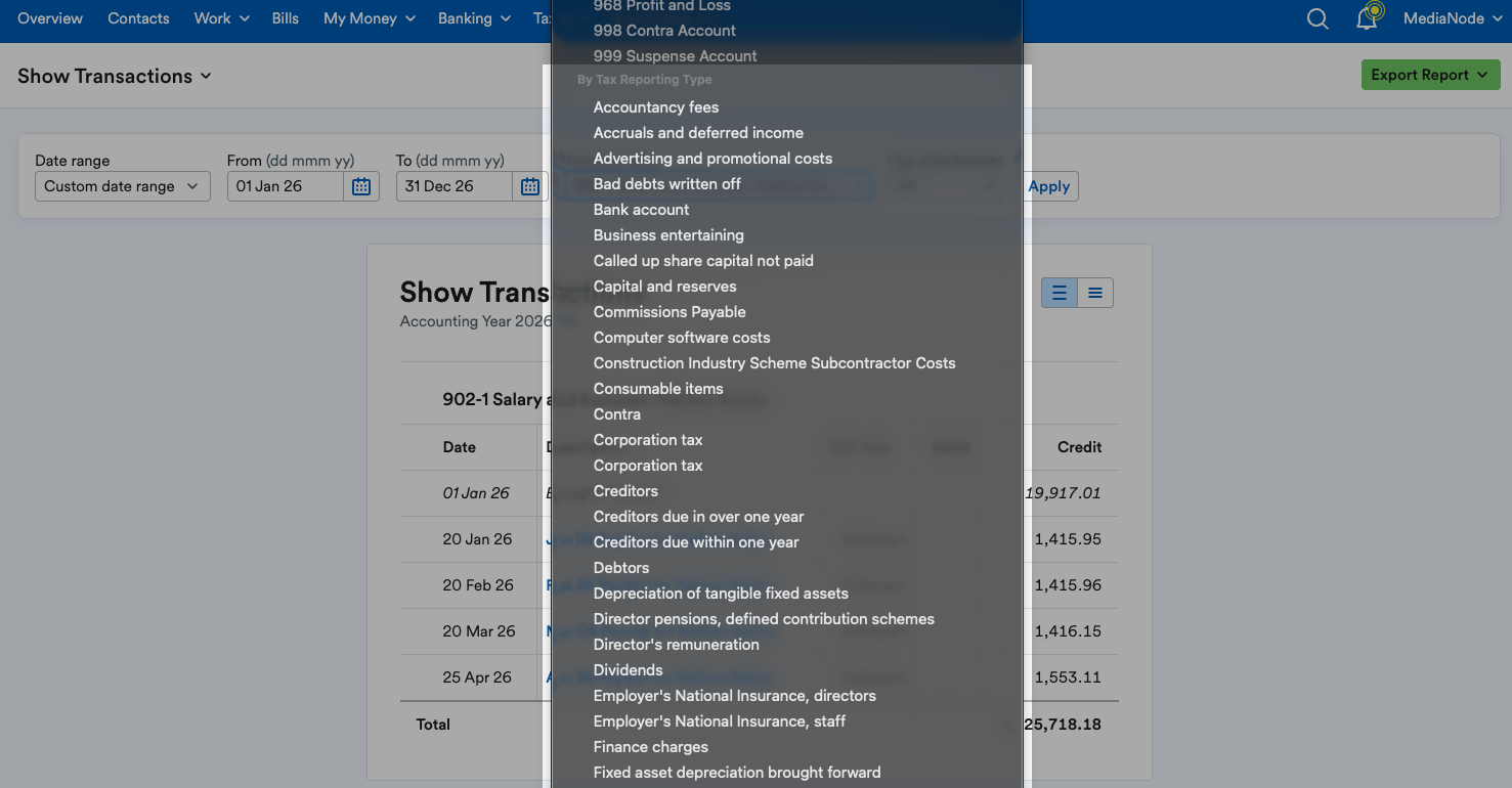 Options under 'By Tax Reporting Type' on drop down menu.
