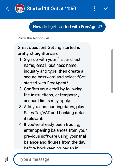 Chat window with Ruby the Robot and a generated answer.