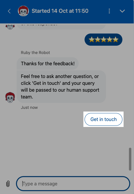 'Get in touch' button shown in chat with Ruby the Robot.