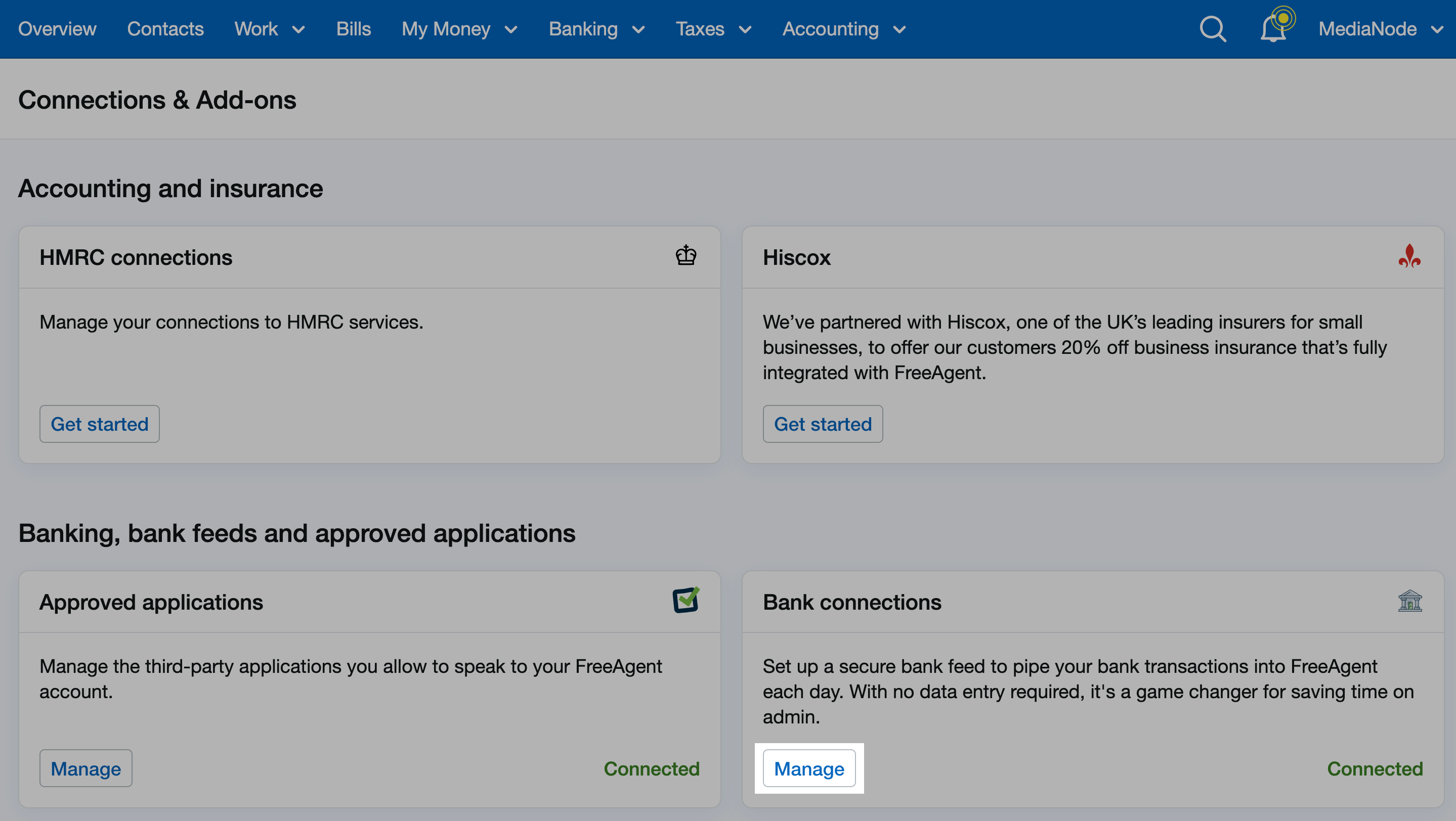 'Manage' button highlighted in 'Bank connections' section of Connections and Add-ons page.