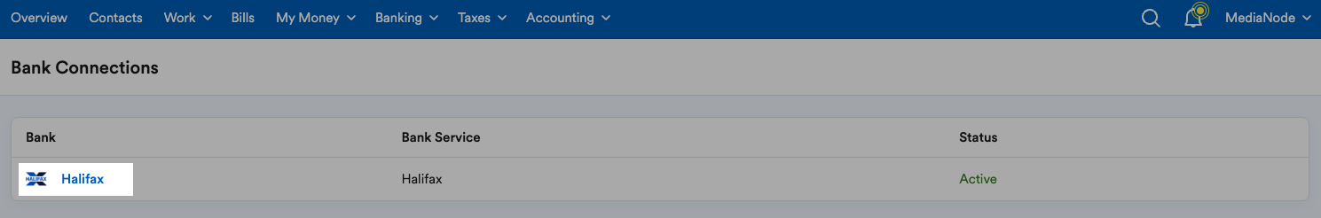 'Halifax' selected on list on Bank Connections.