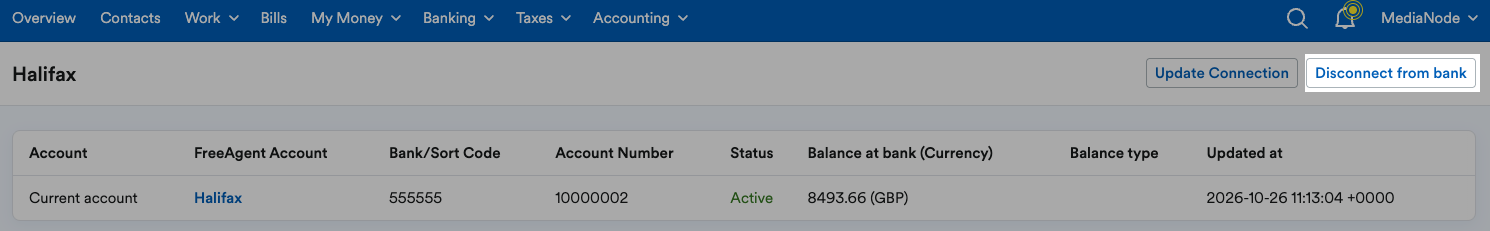 'Disconnect from bank' button highlighted on Halifax page.
