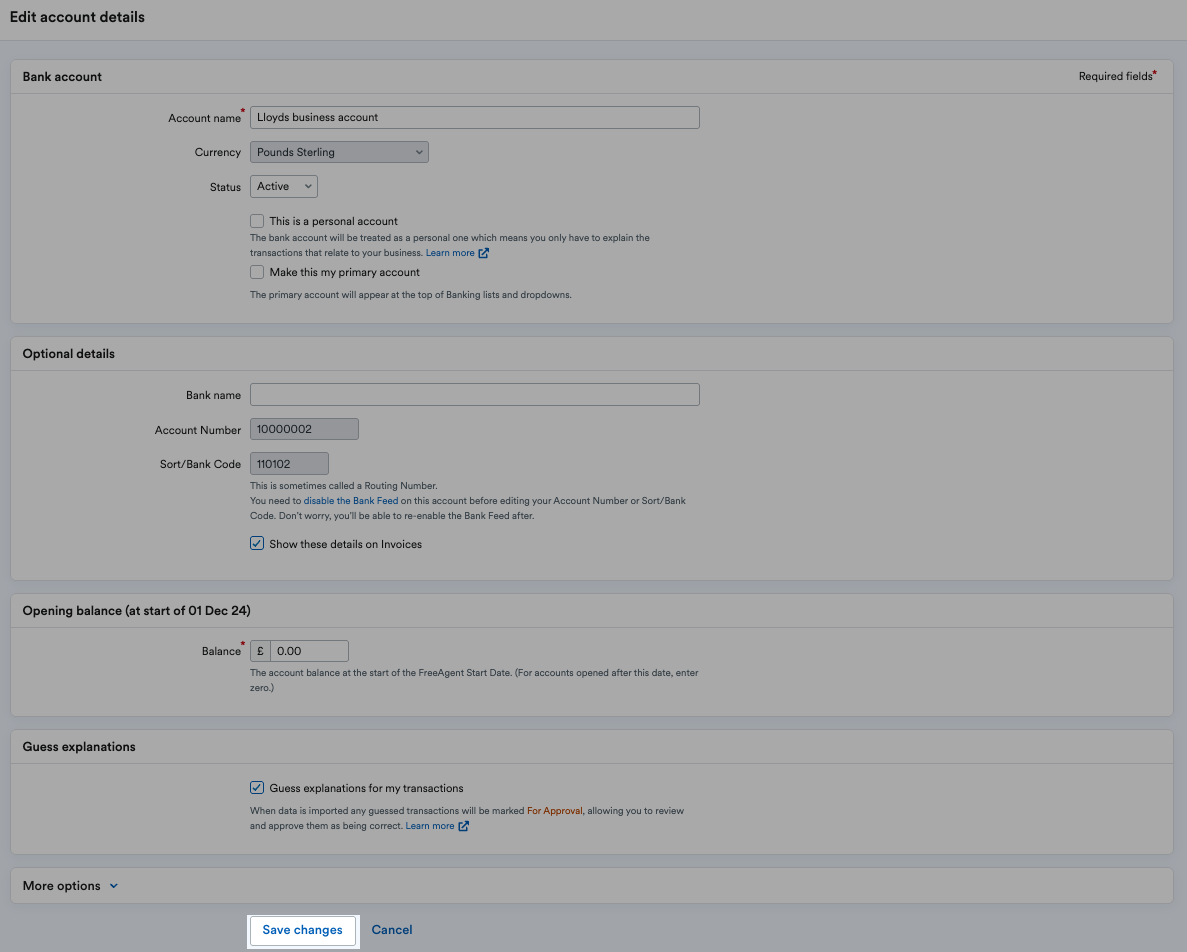 'Save changes' button highlighted at bottom of Edit account details page.
