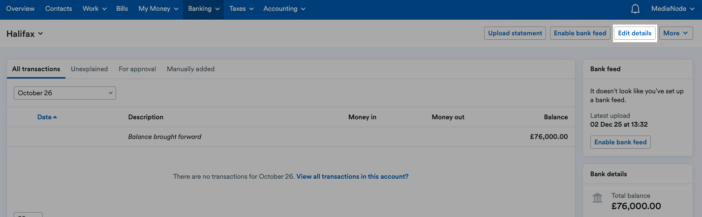 'Edit details' button highlighted at top of Halifax bank account page.