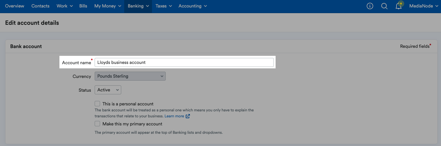 'Lloyds business account' written in 'Account name' field.