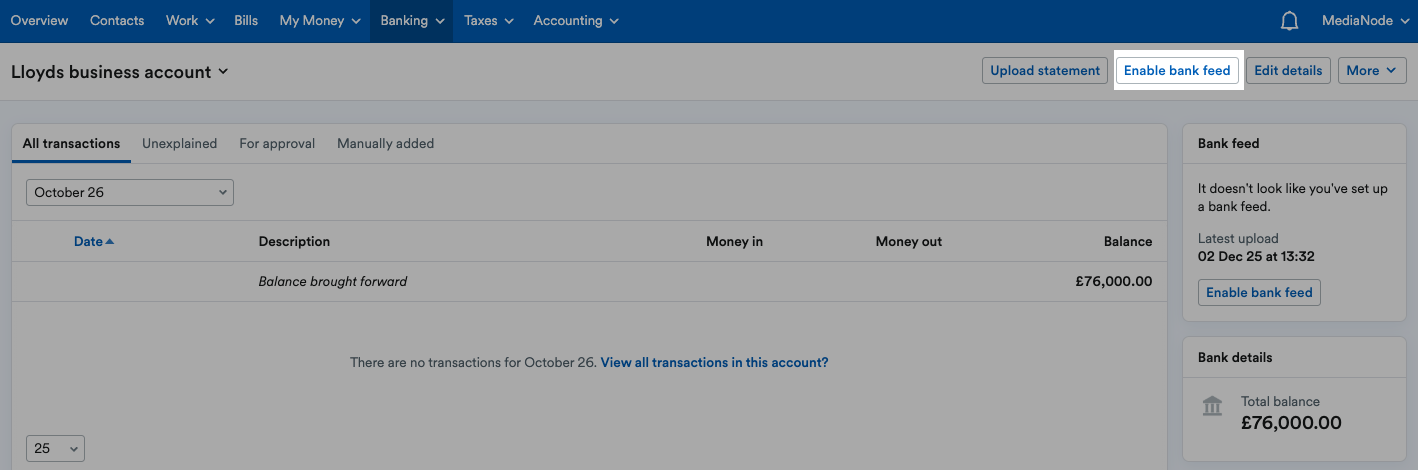 'Enable bank feed' button highlighted at top of renamed bank account page.