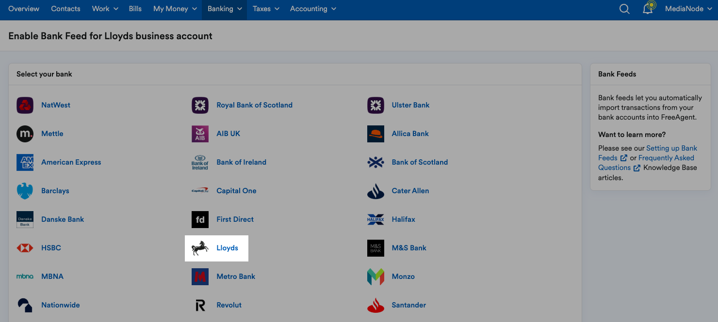 'Lloyds' highlighted in list of banks in Select your bank area.
