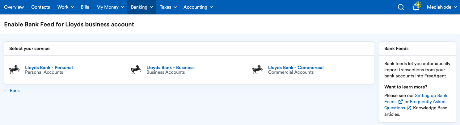 List of Lloyds Bank services to choose from.