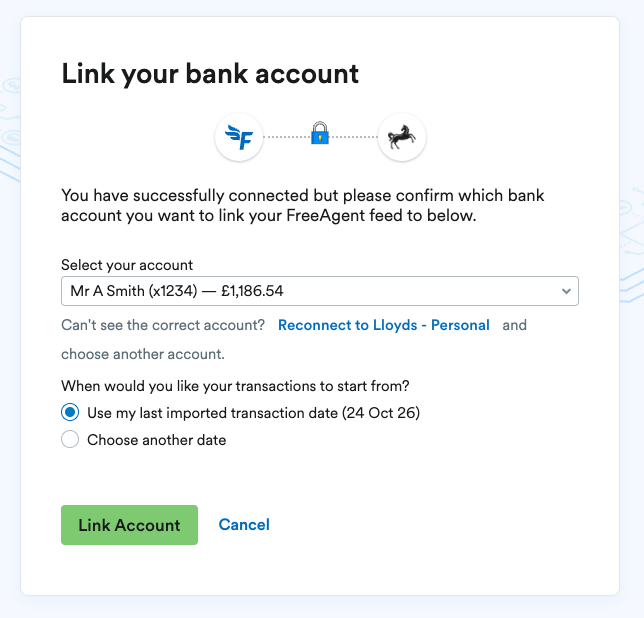 'Link you bank account' window for existing Lloyds account.