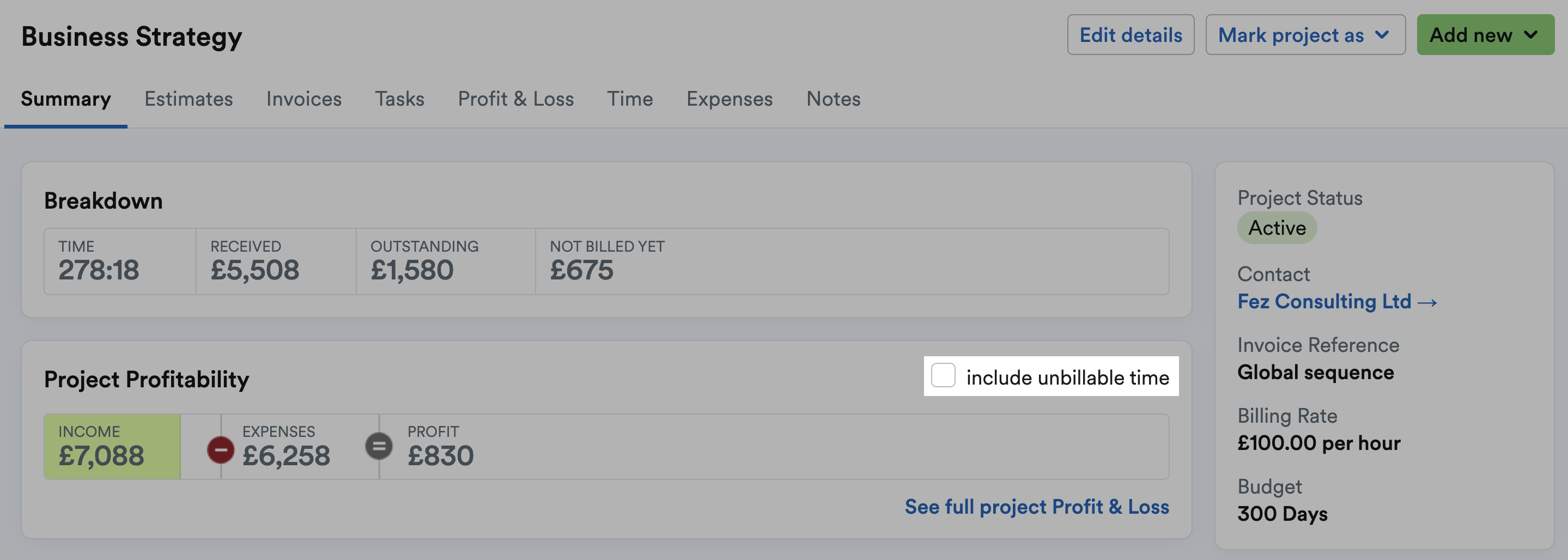 Check box for including unbillable time highlighted