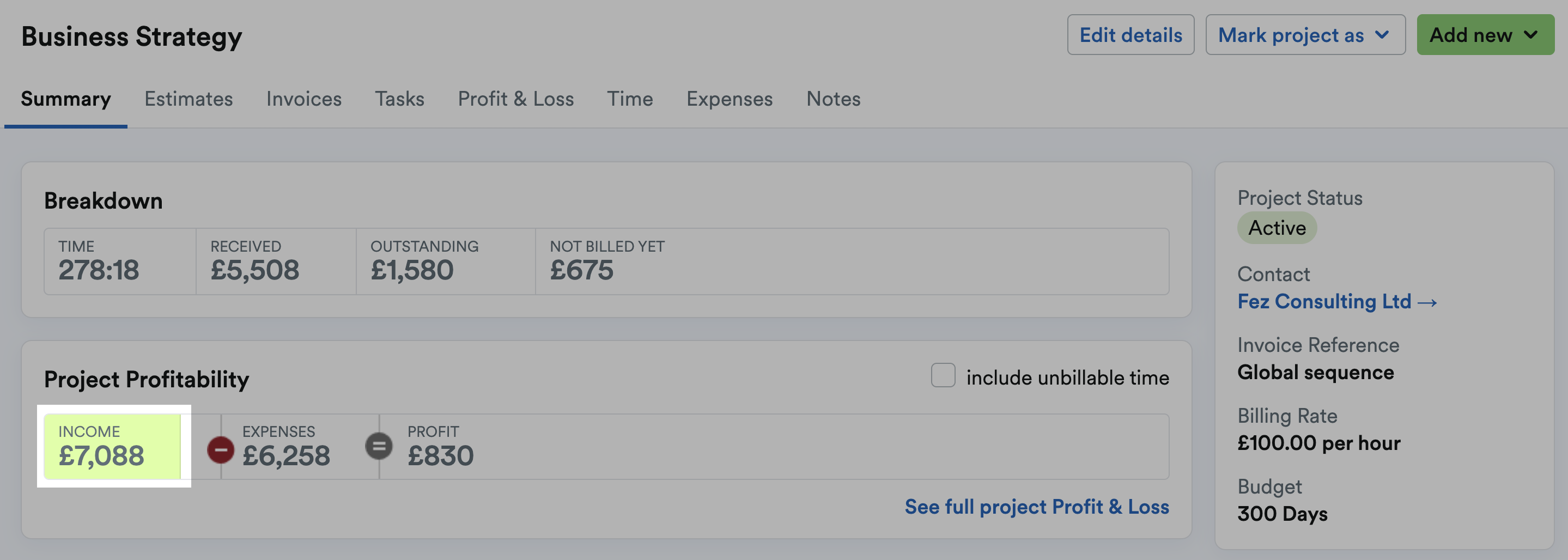 Project income figure highlighted