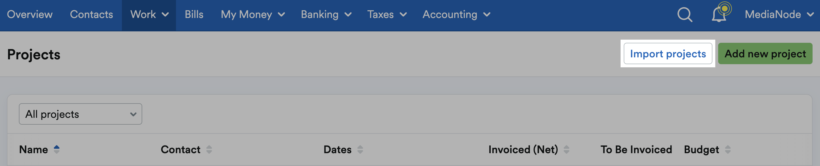 Import projects button highlighted