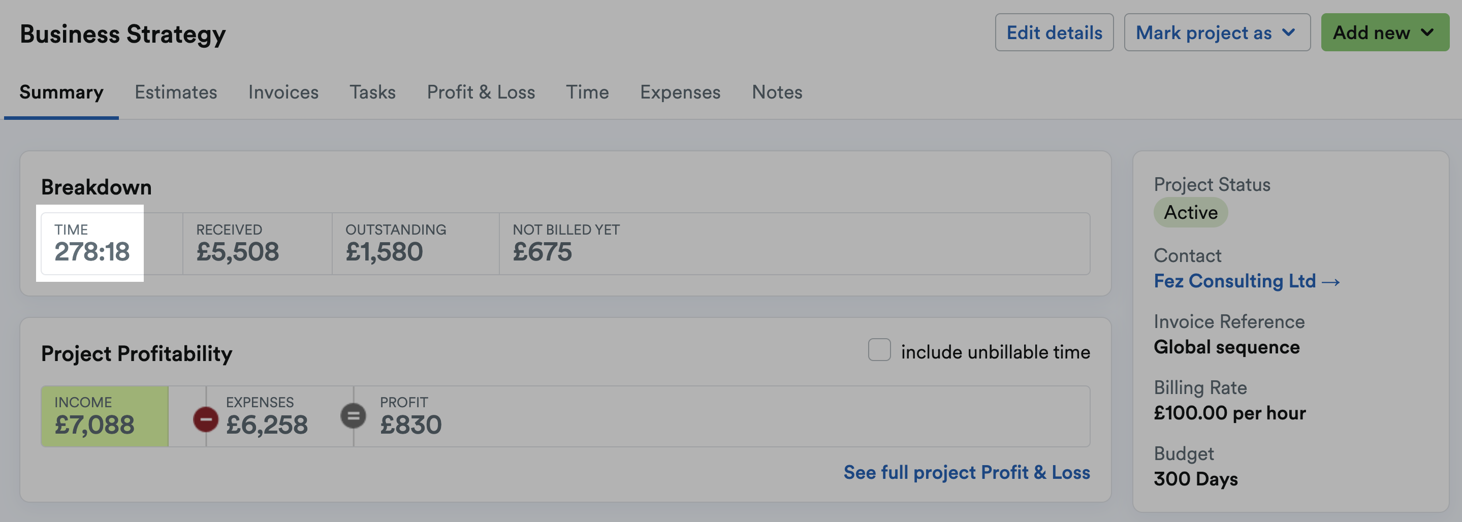 Project time number highlighted