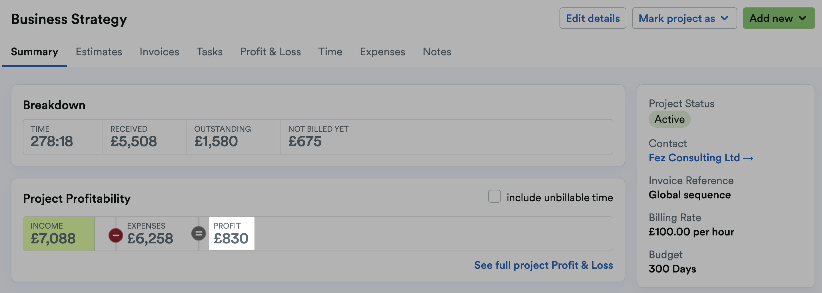 Project profitability overview highlighted on project summary screen