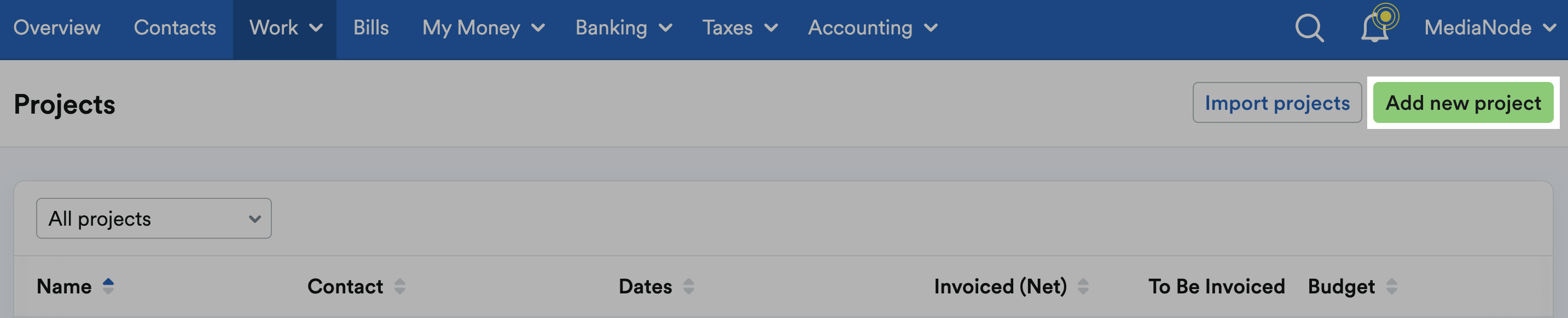 Add new project button highlighted