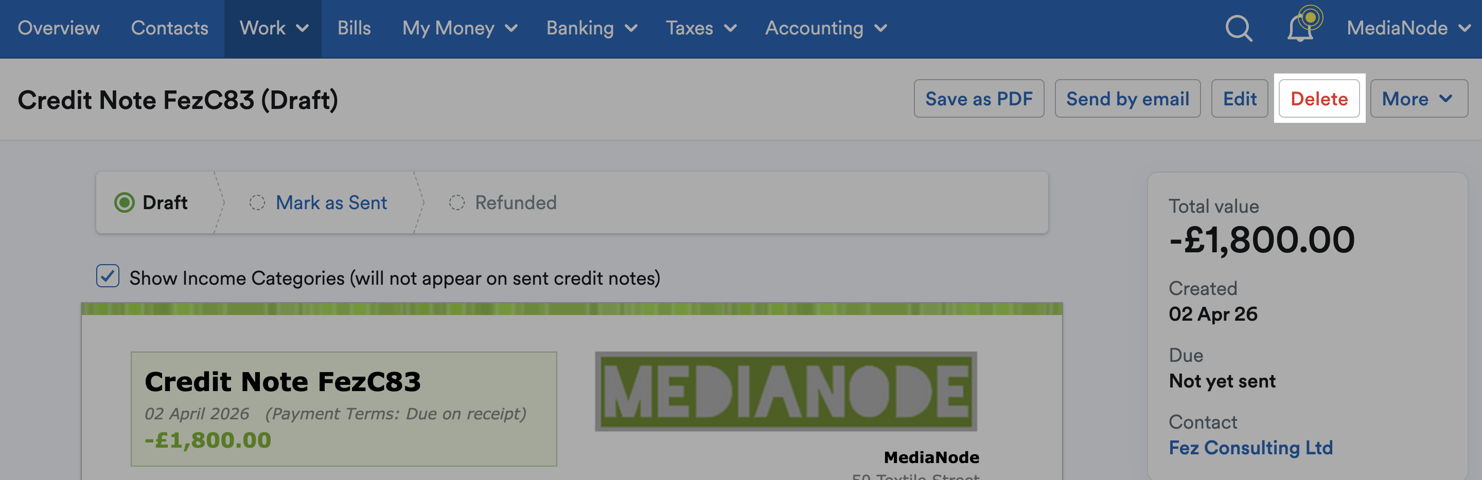 ‘Delete’ button highlighted above the credit note.