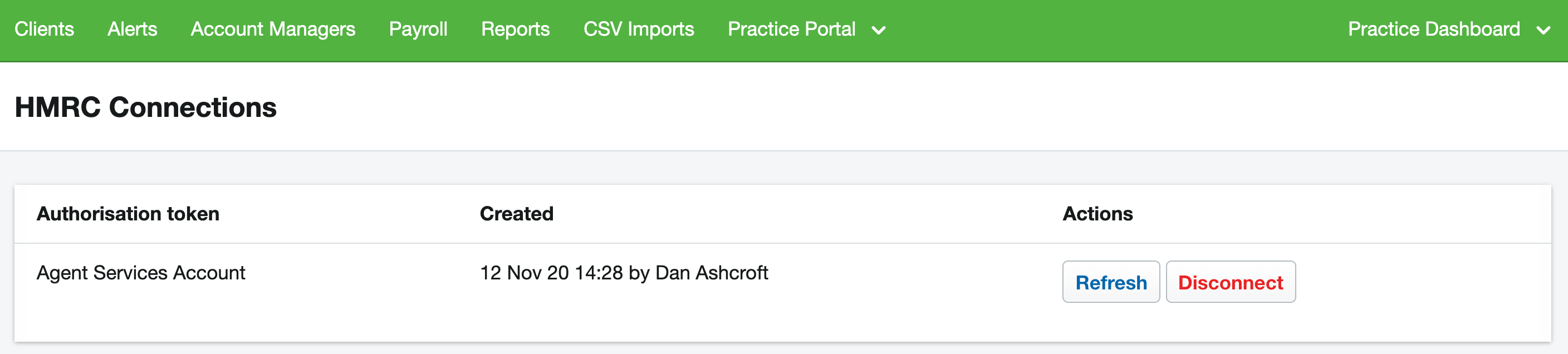HMRC connections page in dashboard