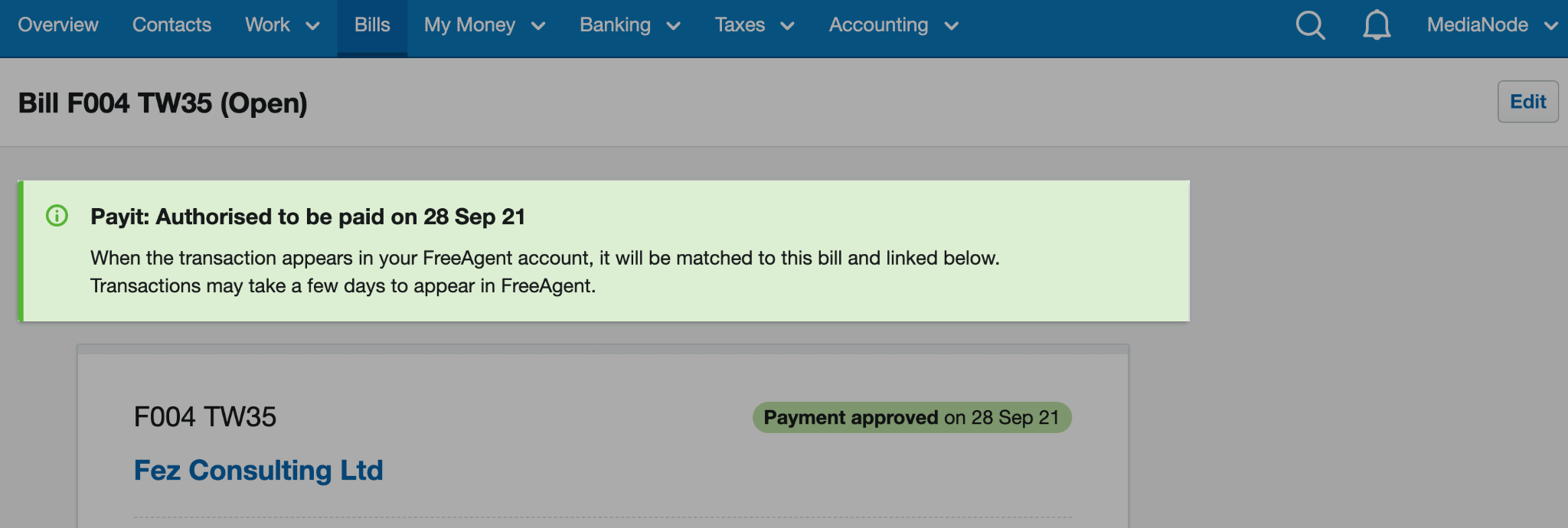 Pop up message saying Payit has been authorised to be paid.