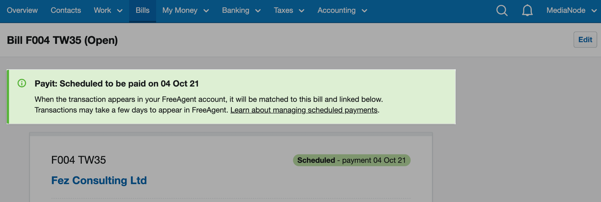 Pop up message to say Payit is scheduled to be paid.