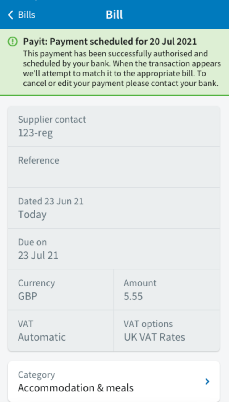 Message saying Payment successfully scheduled.