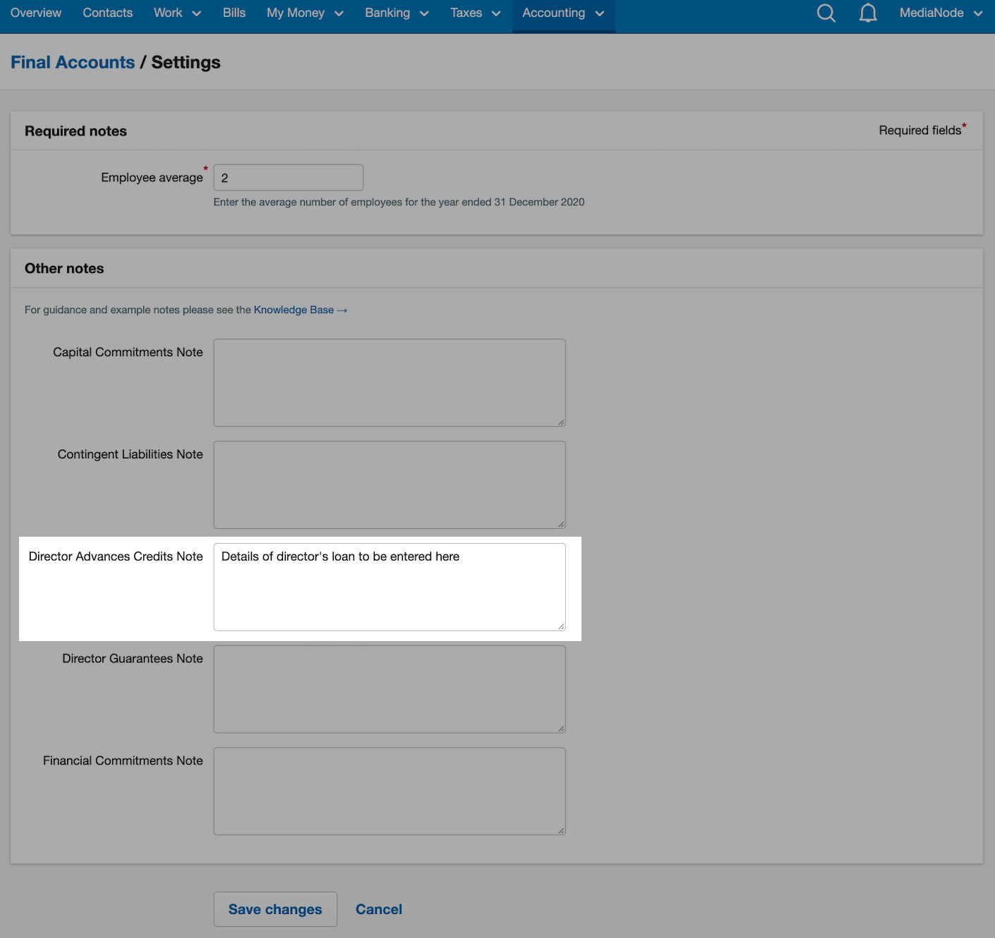 Director advances credit note box highlighted in Other Notes ares on Final Accounts Settings page.
