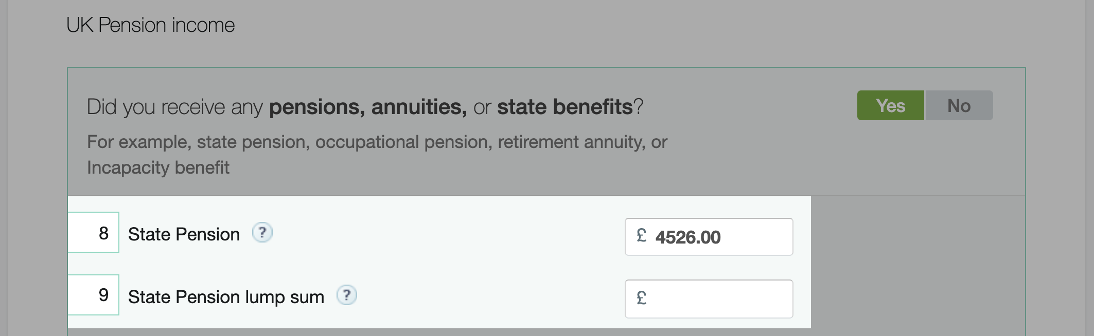 pension income section highlighted