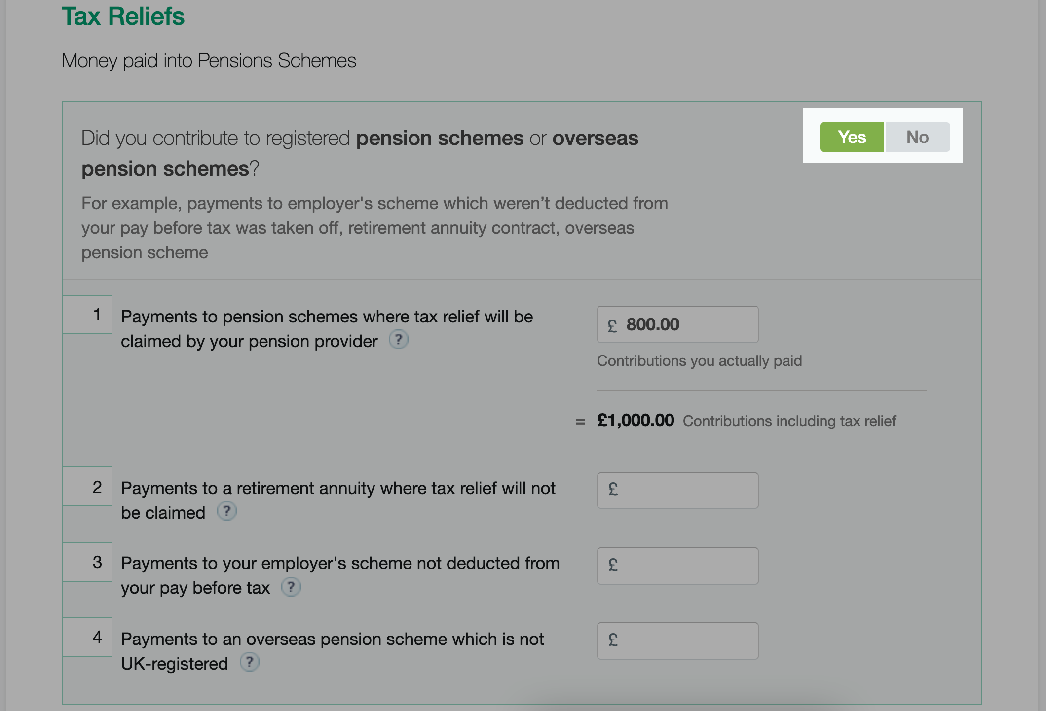 'Yes' button highlighted in Tax Reliefs section to reveal further questions.
