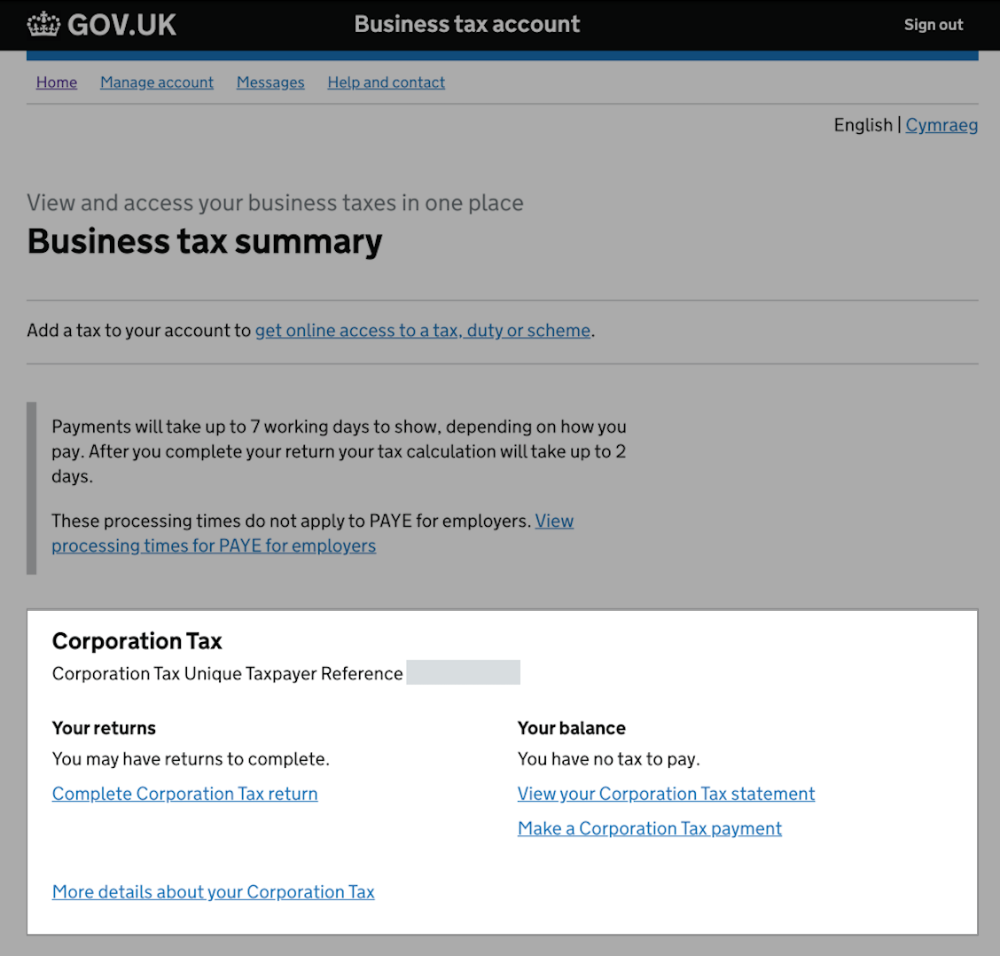 Corporation Tax section on business tax summary page
