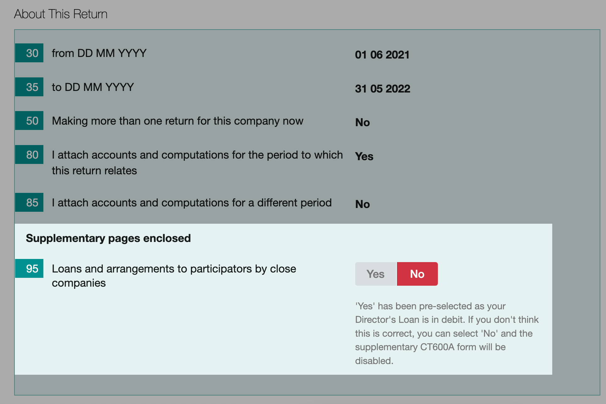 Box 95 highlighted with 'No' marked to disable CT600A page.