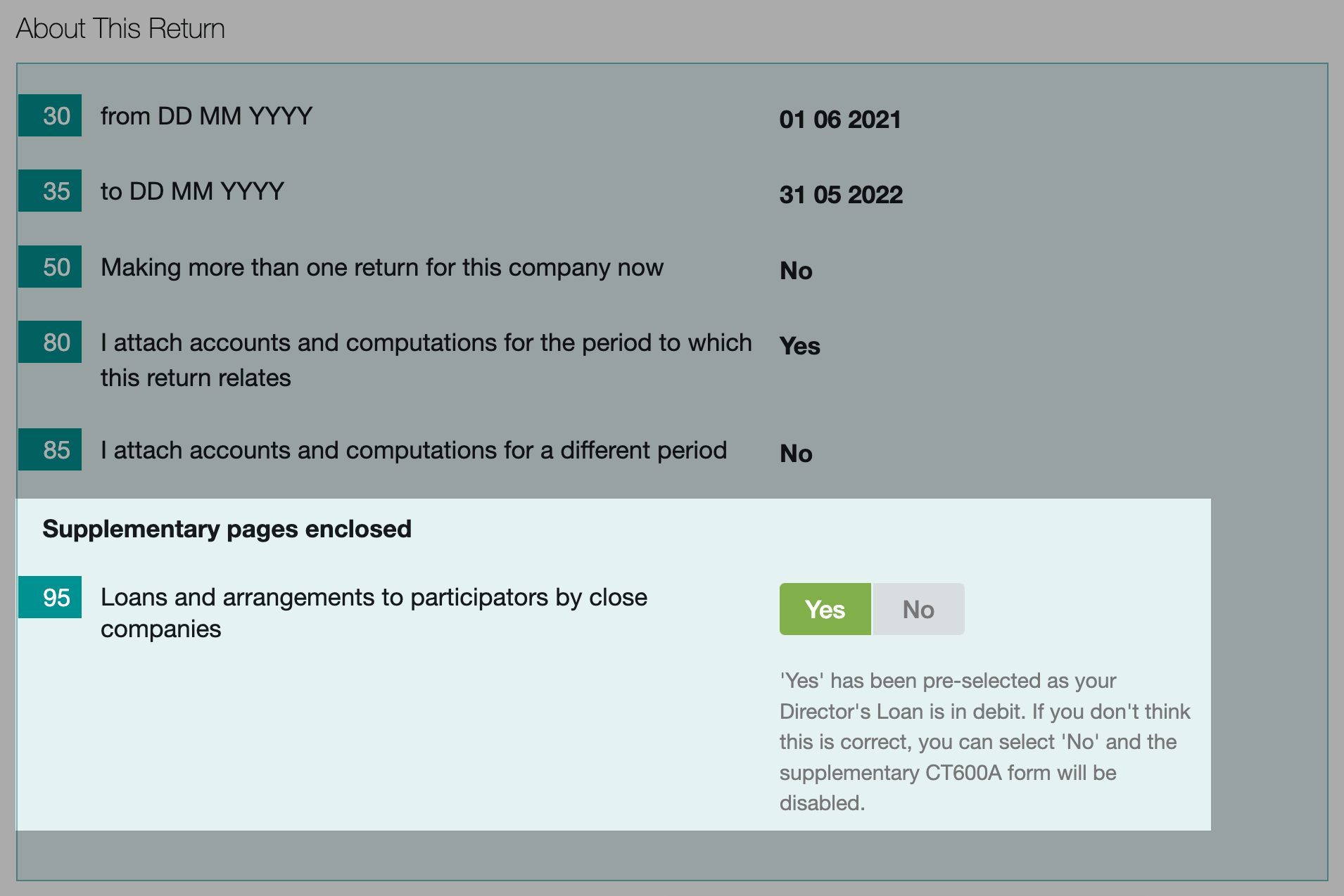 Box 95 highlighted with 'Yes' marked to enable CT600A page.