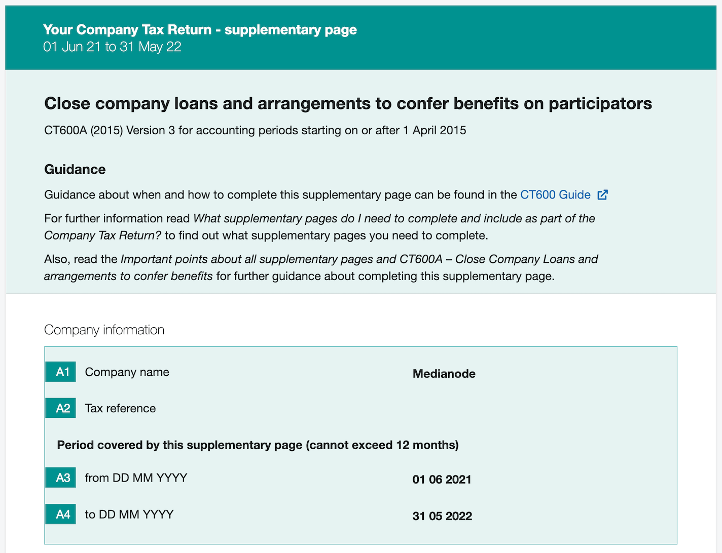 Company information section for detailing company name, tax reference and period covered.