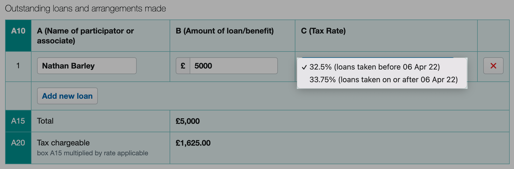 Drop-down menu of rate selections to apply to loans.