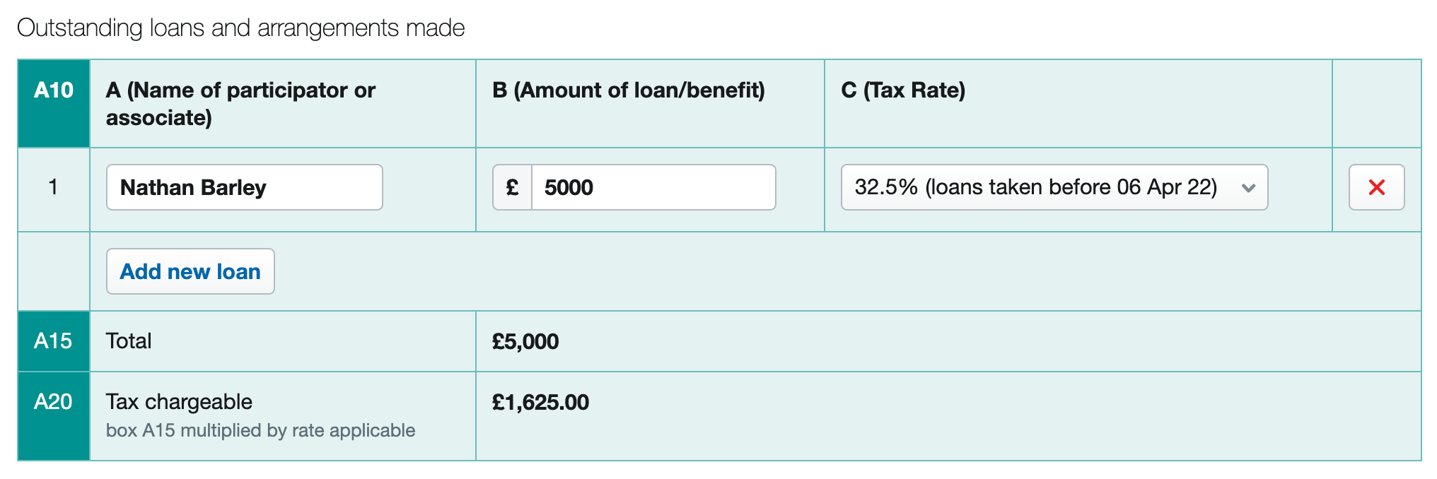 Outstanding loans and arrangements made section with example participator and amount.