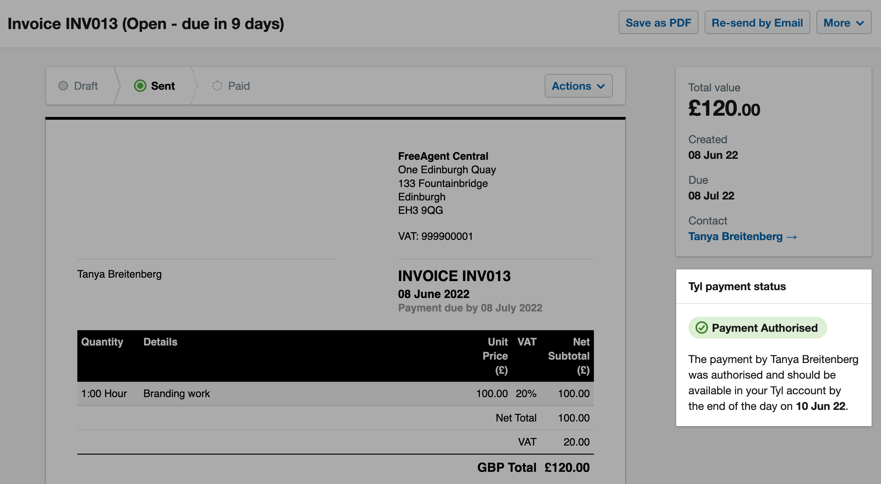 Tyl payment status panel highlighted for an invoice